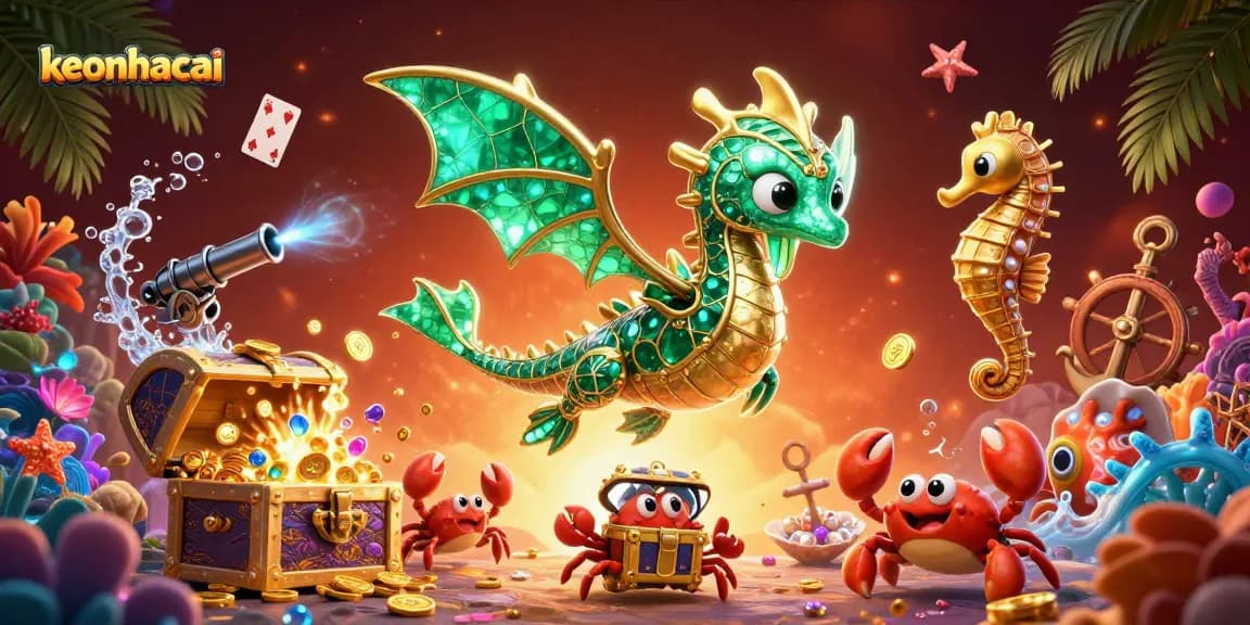 Engage in dynamic betting strategies with Keonhacai's treasure-filled underwater scene featuring vibrant gems and gold.
