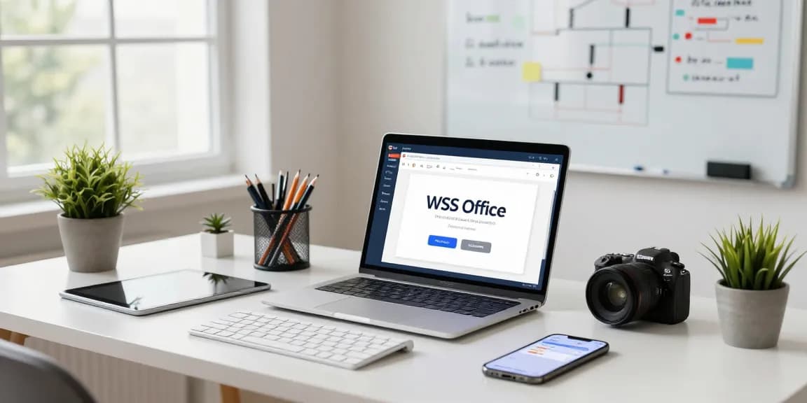 User engaging in WPS Download on a sleek laptop in a modern home office, with productivity tools and natural light.