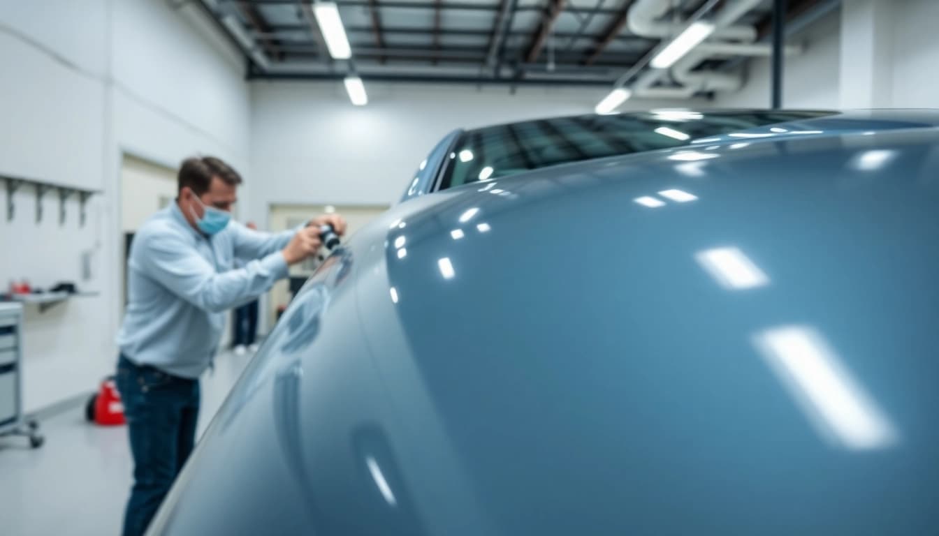 Applying PPF Chattanooga to vehicle surface in a modern workshop setting.