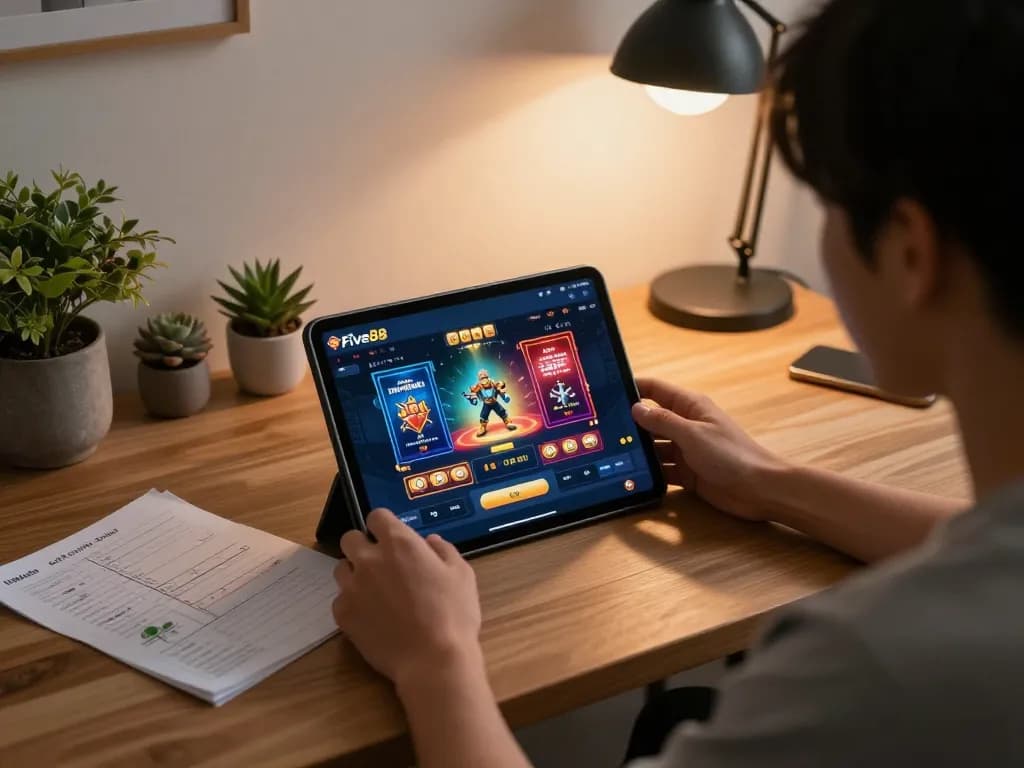 Cổng game Five88 displayed on a tablet while a player strategizes at home.