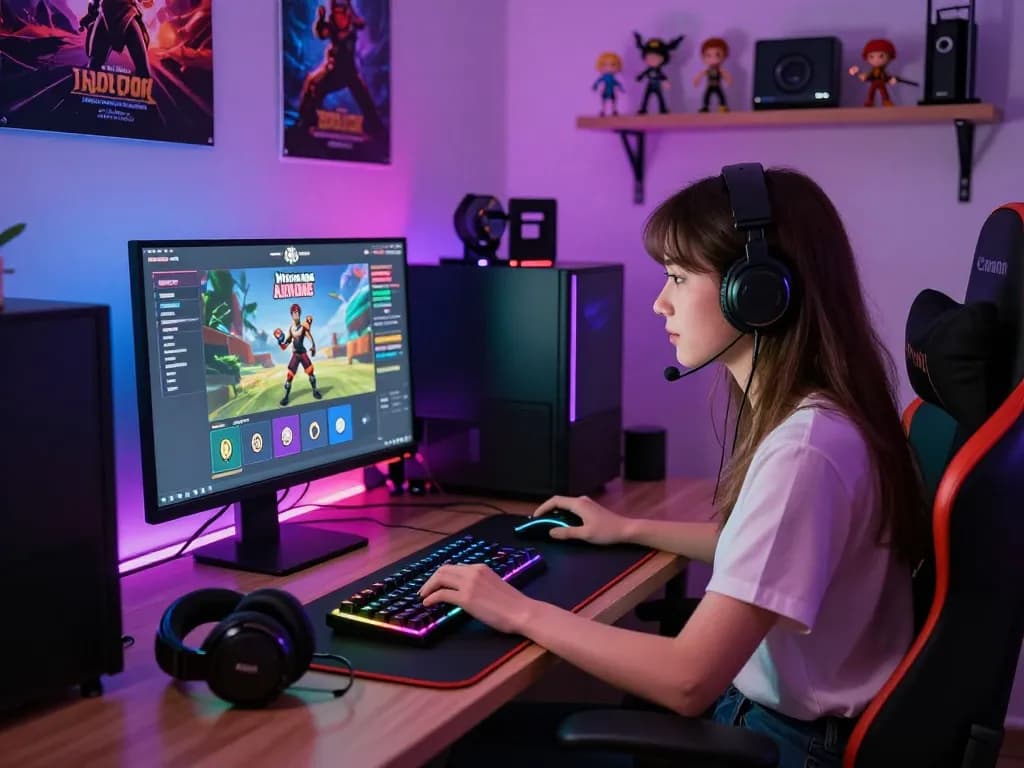 Exciting gaming atmosphere with a woman playing an html porn game on her computer featuring vibrant accessories and ambient lighting.