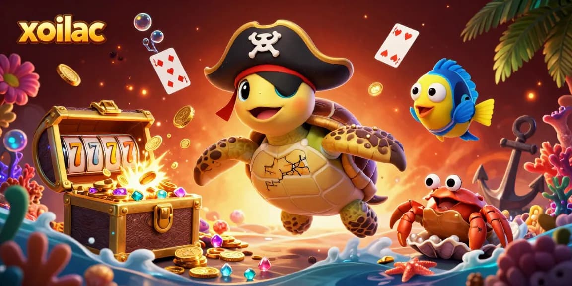 Xoilac players spin slot reels alongside cartoon pirate turtle and treasures in a vibrant underwater scene.