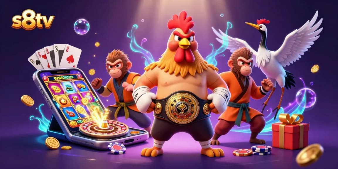 Engage with thrilling betting action at s8tv, featuring a dynamic scene with a Muay Thai rooster and Shaolin monkey.