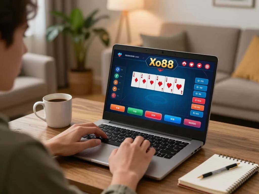 Xo88 player engaged in online poker strategy from home with laptop and notebook.