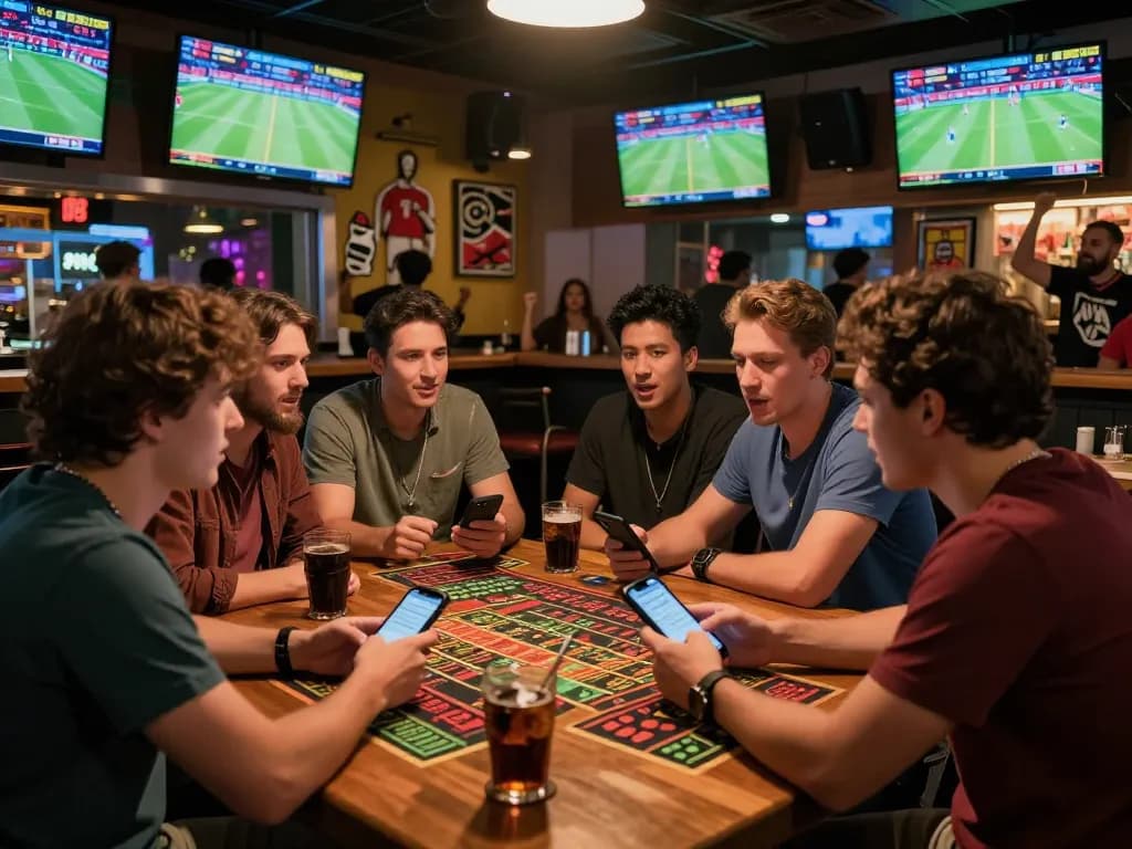 Engaged bettors analyzing odds at https://xx88gg.net/ in a lively sports bar.