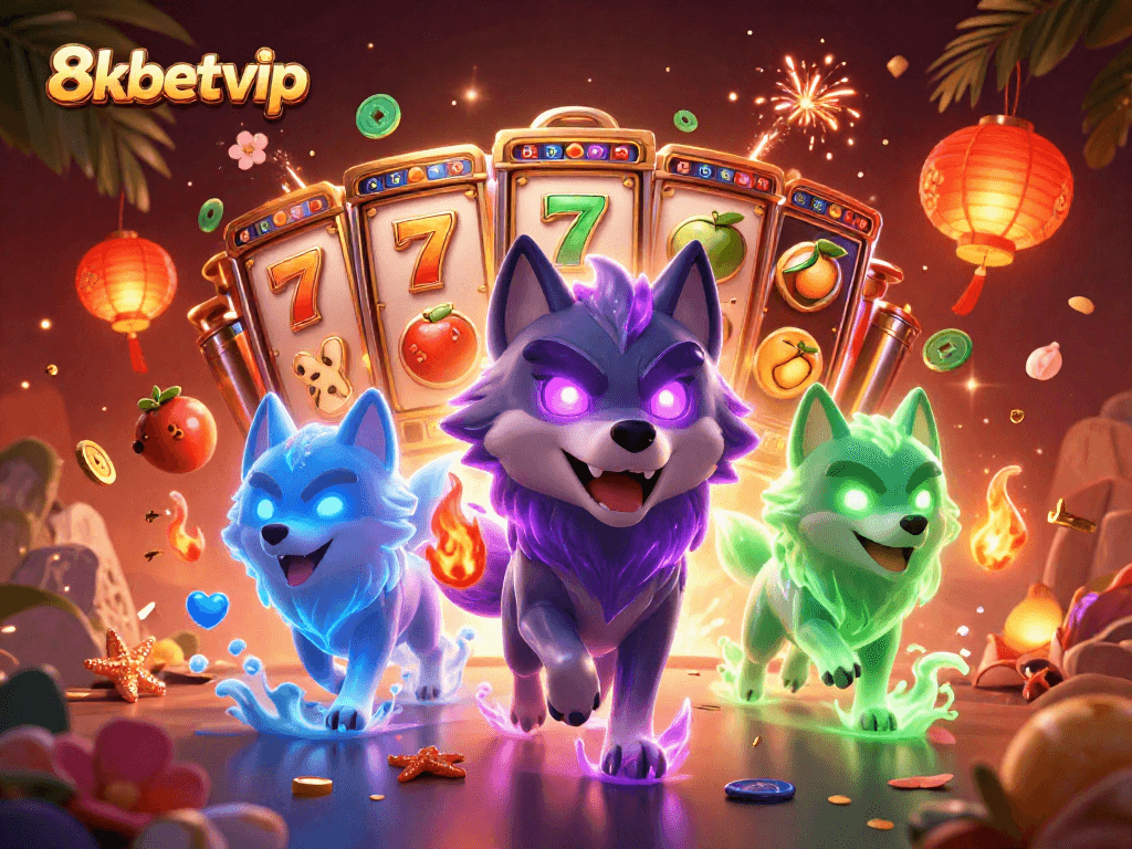 Engage with 8kbetvip's thrilling slot experience featuring mystical wolves and vibrant casino elements.