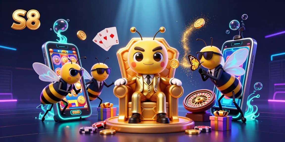S8 offers captivating online casino action with a dynamic 3D illustration of classic gambling symbols.