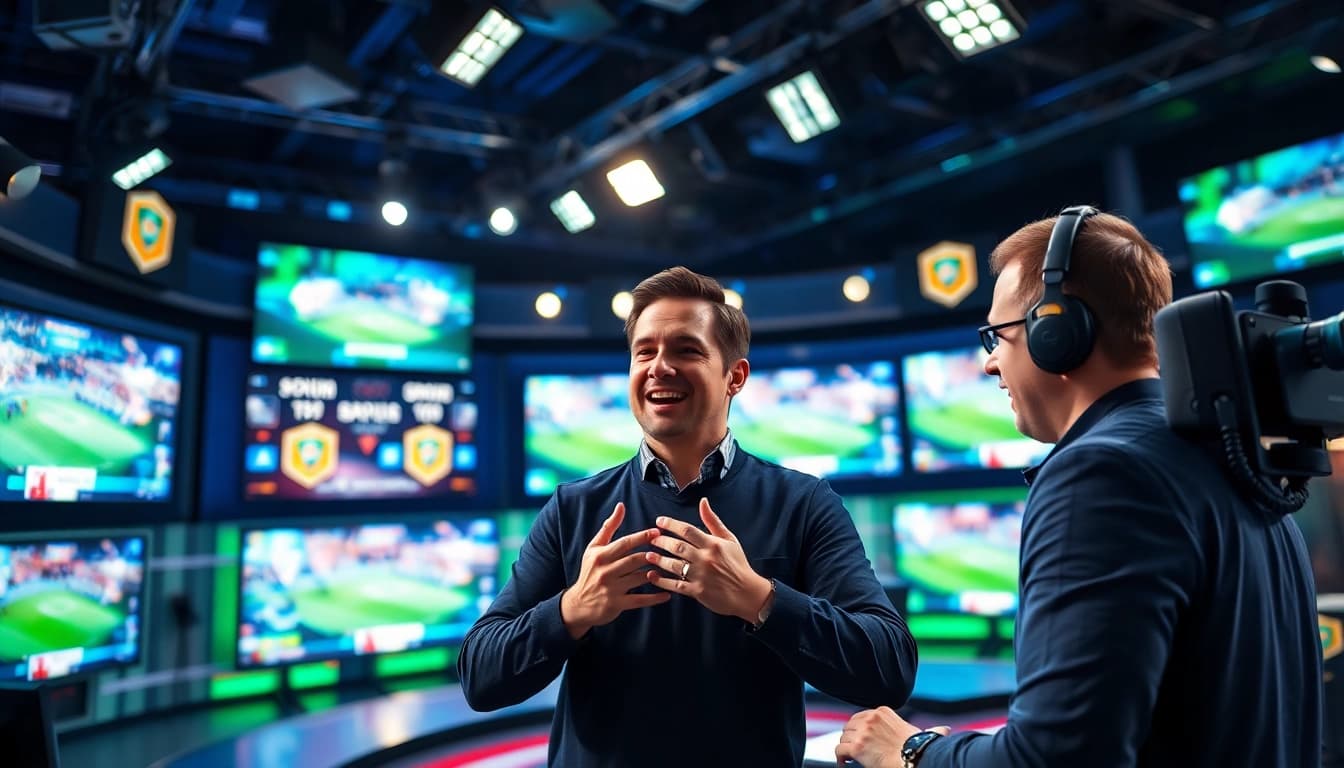 Engaging sports broadcasting scene showcasing a dynamic announcer and vibrant visuals