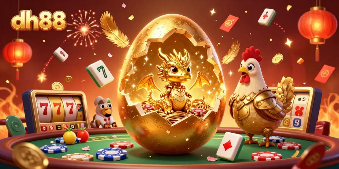 Experience the excitement at dh88 with a magical golden dragon and captivating casino elements in a dynamic scene.