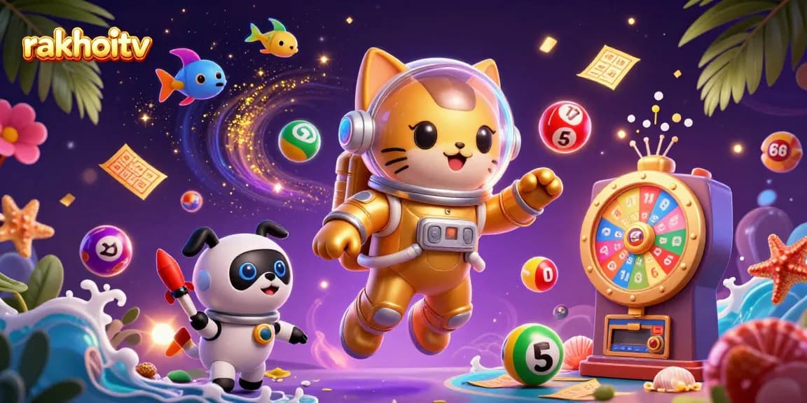 Experience thrilling gameplay with rakhoitv's vibrant lottery balls and dynamic gaming elements in a colorful digital illustration.