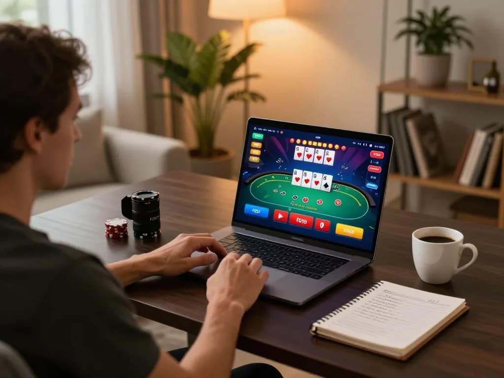 Engaging in strategic online poker gameplay at go88, showcasing active betting on a sleek laptop with notes for better odds.