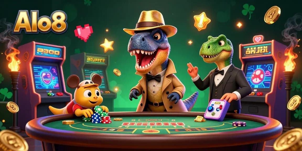 Alo8's playful 3D velociraptor card counter dominates a vibrant casino scene amid glowing arcade elements.