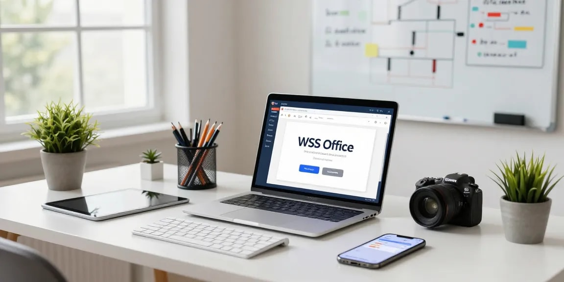 User engaging in WPS Download on a sleek laptop in a modern home office, with productivity tools and natural light.