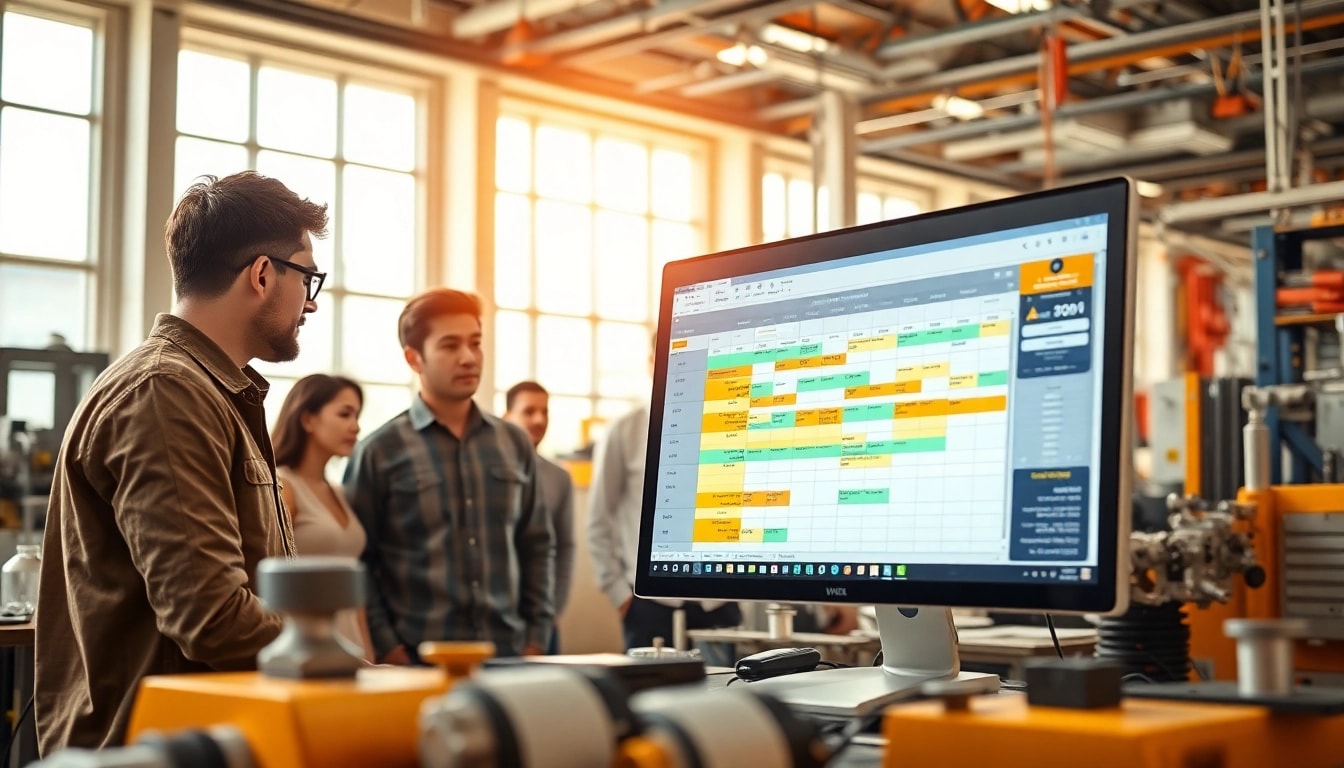 Team collaborating on manufacturing scheduling software in a bright office environment.