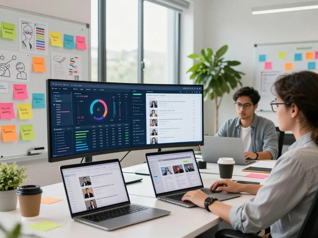 Marketing strategist at https://7mvna.com/ analyzing data and performance metrics in a vibrant workspace.