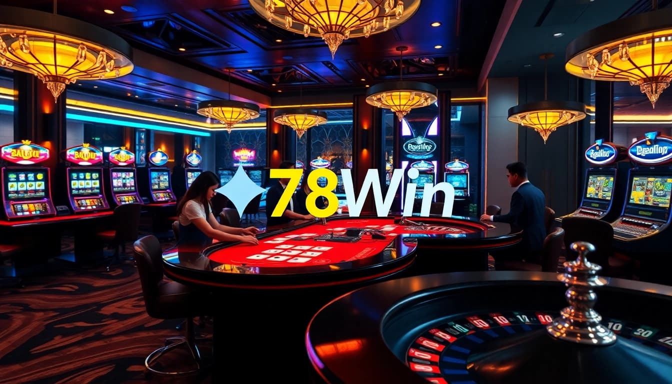 Link vào 78Win showcasing a vibrant casino scene with players at a sleek gaming table.