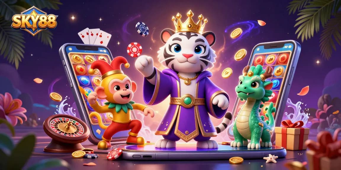 Experience the exciting world of SKY88 with a vibrant illustration of a royal tiger, playful monkey, and jade dragon engaging in casino-themed fun.