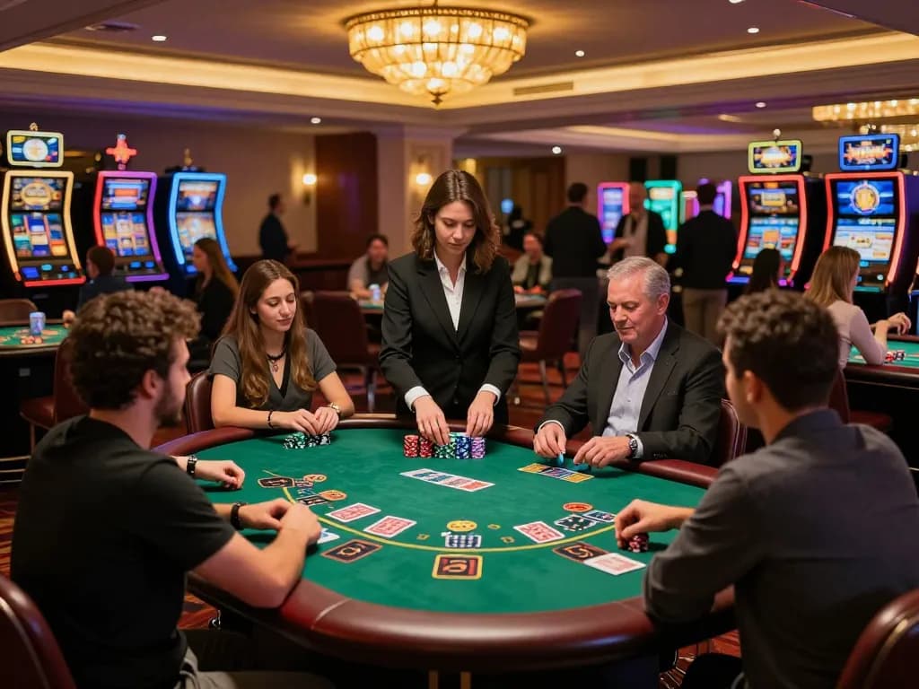 Engaged players at BlackJack table in Red88 casino enjoying vibrant gameplay and warm casino ambiance.