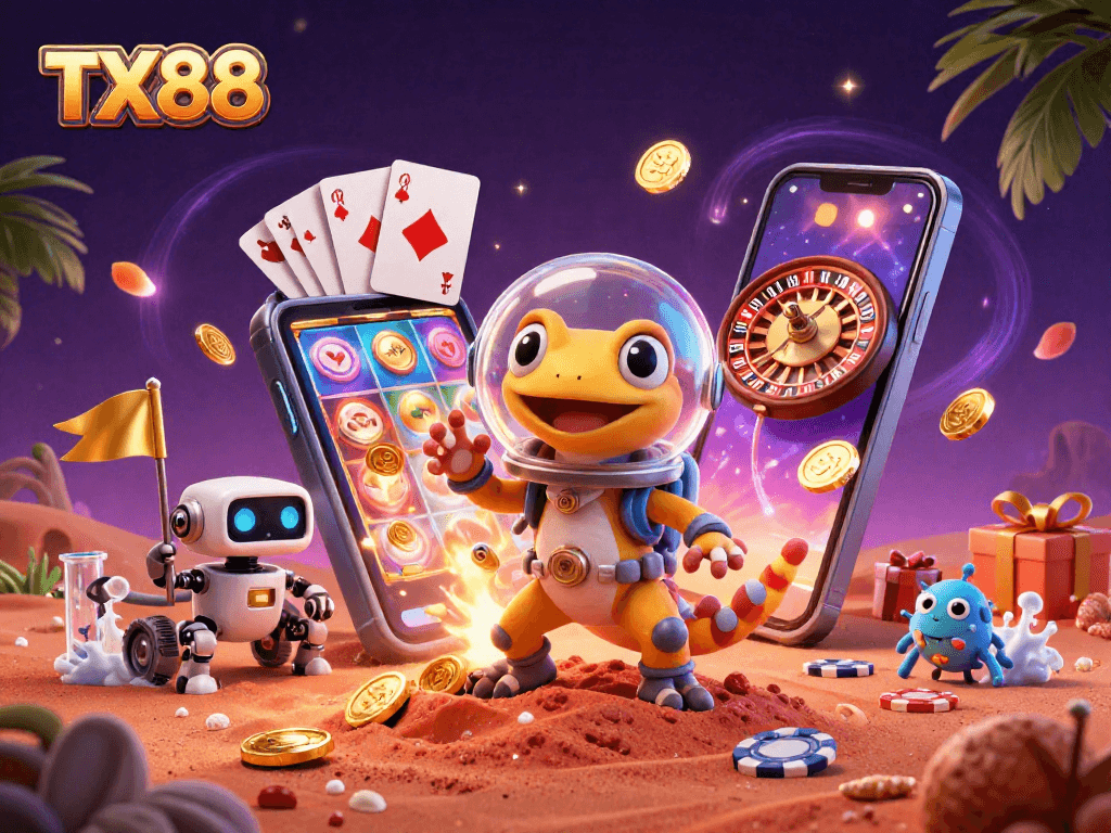 Engage with TX88's thrilling casino adventure featuring a Martian gecko exploring a golden treasure.