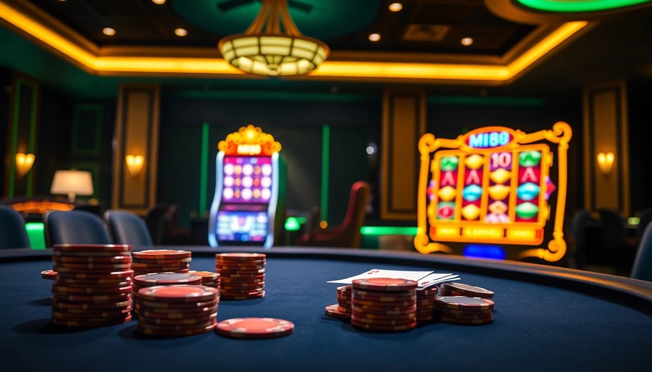 View the interactive gaming experience from MI88 featuring poker tables and slot machines.