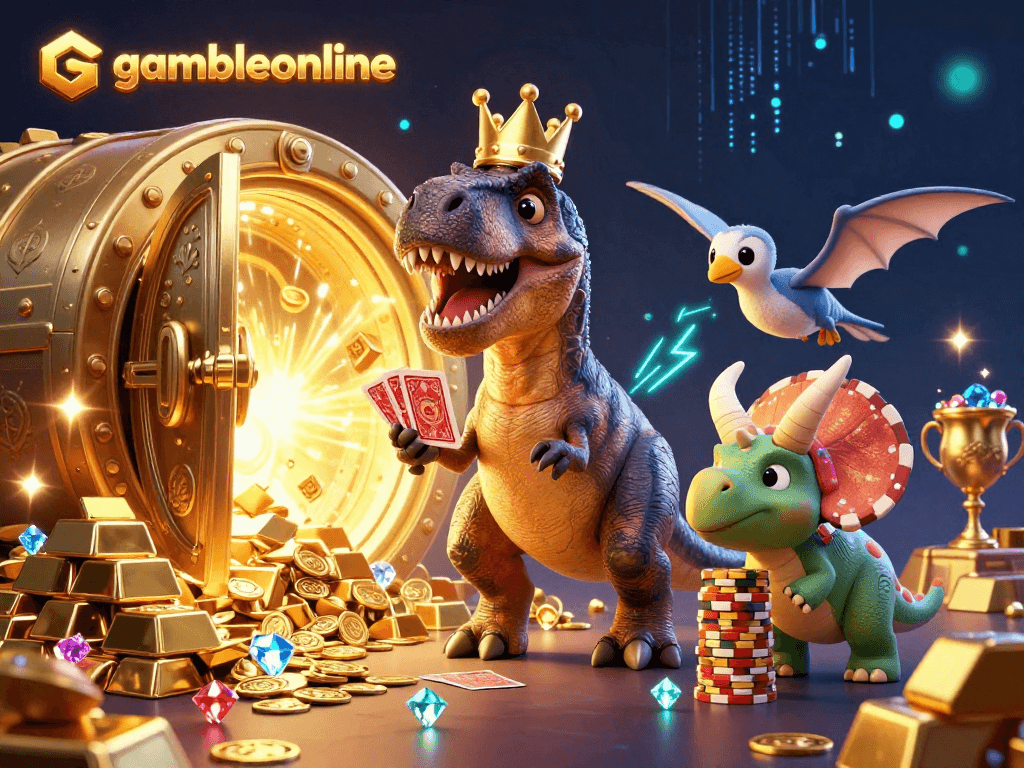 Gambleonline showcases a T-Rex shuffling cards while a pterodactyl assists, surrounded by treasure and vibrant casino elements.