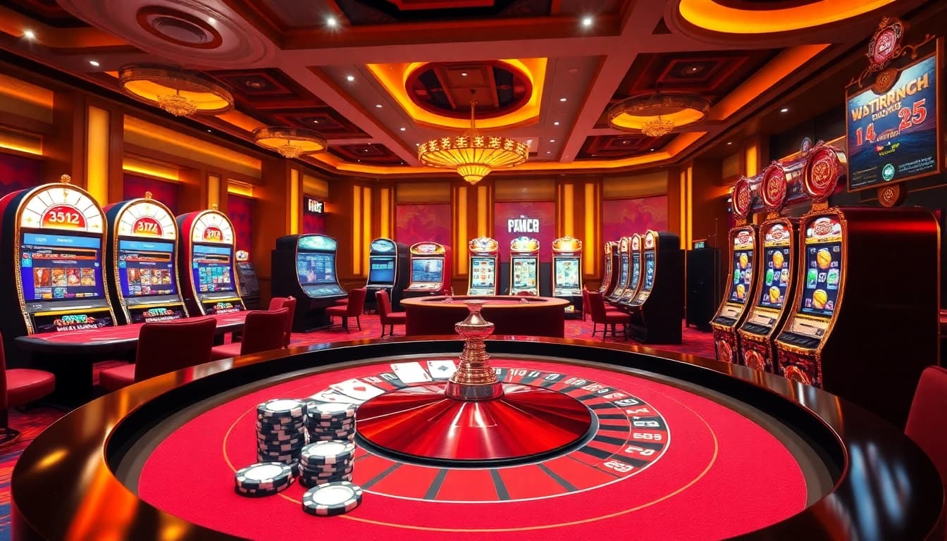Engaging scene of online gambling at https://me88.in.net/, featuring exciting casino elements like roulette and slot machines.