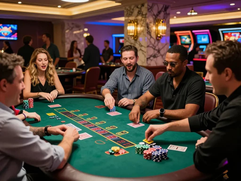 Engaging gameplay at Website Sky88 featuring a lively blackjack table filled with excited players and vibrant casino atmosphere.
