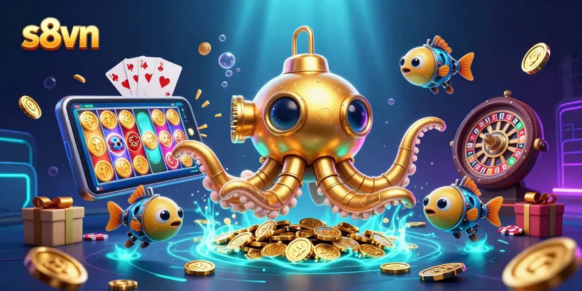 Engage with s8vn's thrilling jackpot action featuring a cartoon kraken submarine and exciting gaming elements.