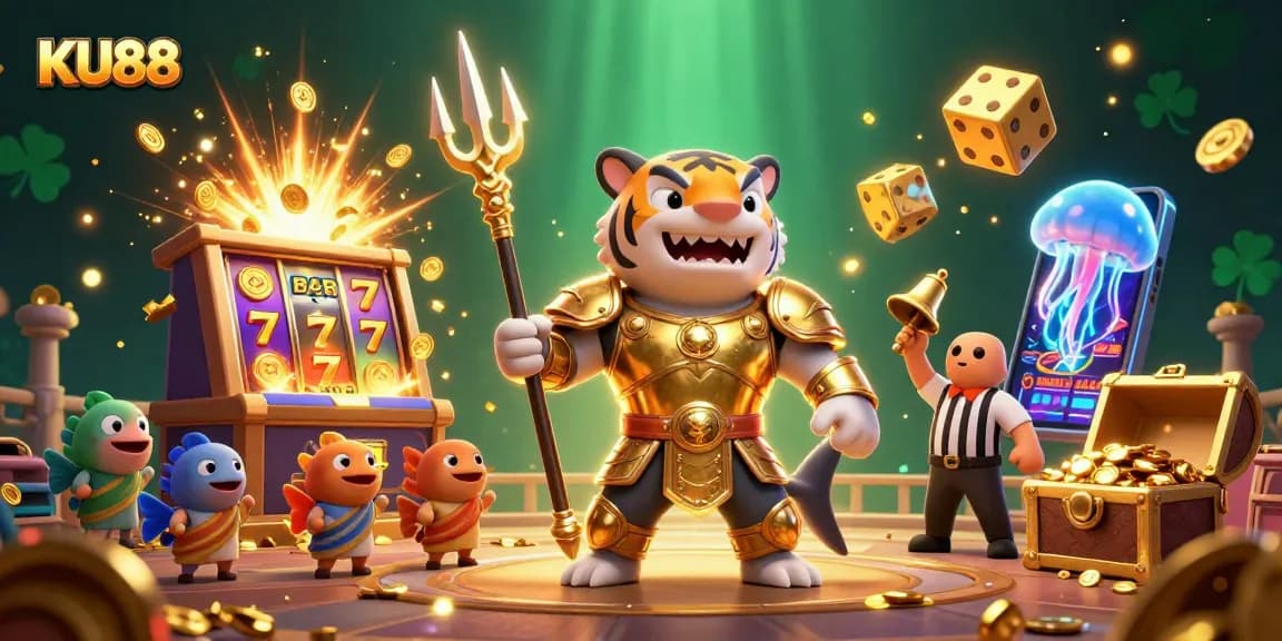 Engage with KU88’s vibrant casino atmosphere featuring a shark in gladiator armor.