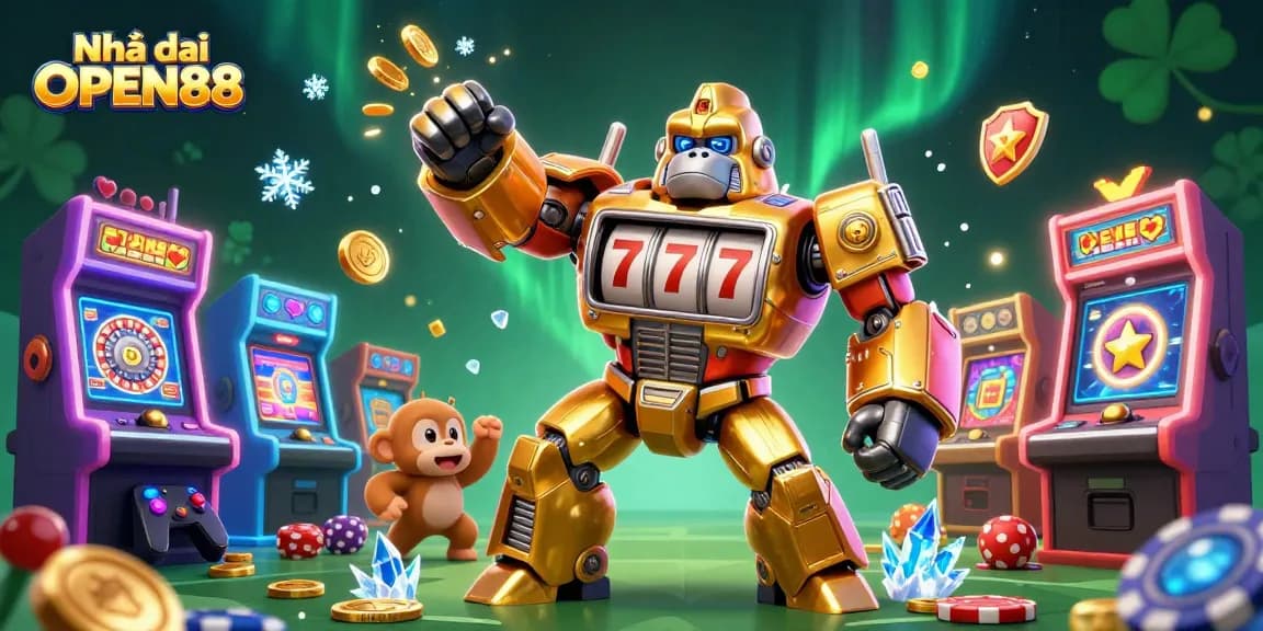 Experience the thrill at Nhà cái OPEN88, featuring an action-packed scene with dynamic casino elements.