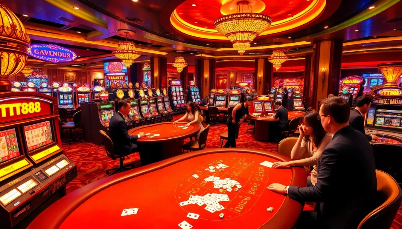 Players engaging in thrilling casino action at TT88 with vibrant slot machines and poker tables.