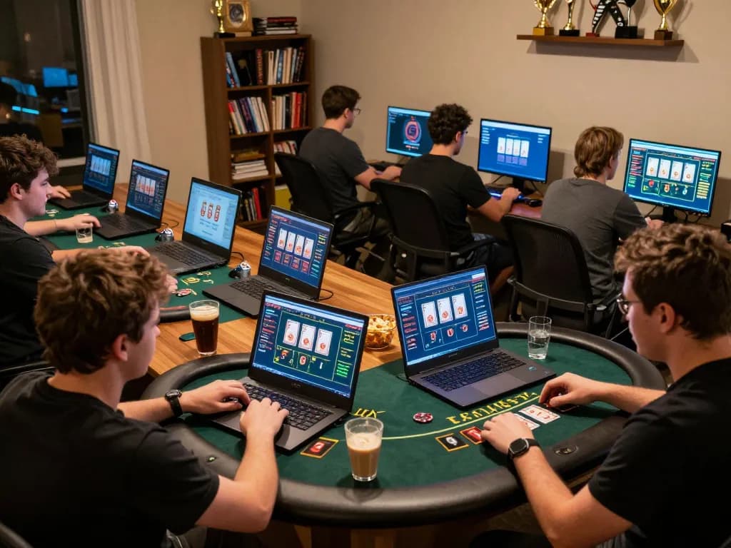 Players enjoying blackjack at casino 78win with cozy home setups, showcasing strategic online gaming.