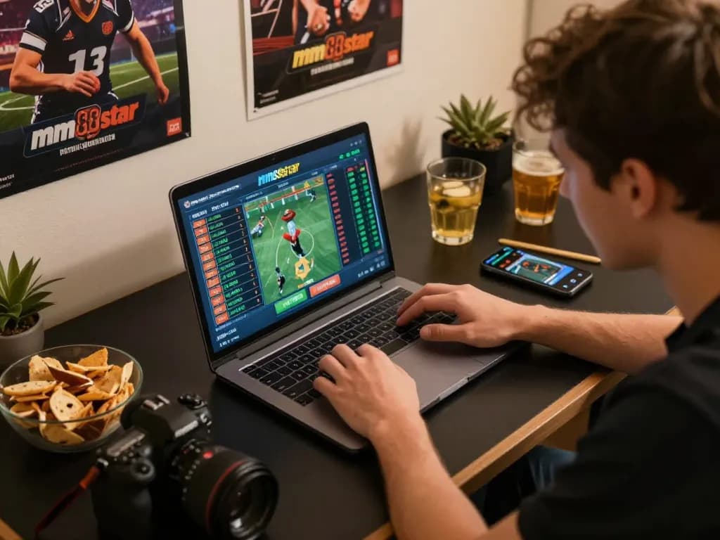 Engaging sports betting action at mm88star with live laptop interface showcasing odds