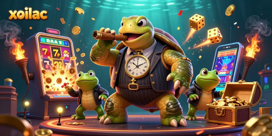 Xoilac delivers excitement with a cartoon turtle mobster and dynamic casino elements in a vivid scene.