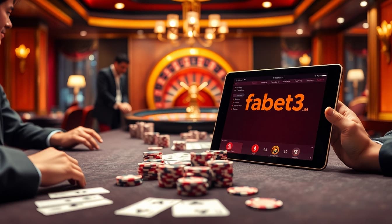Experience high-stakes gambling at fabet3.com with an elegant poker table surrounded by excited players.