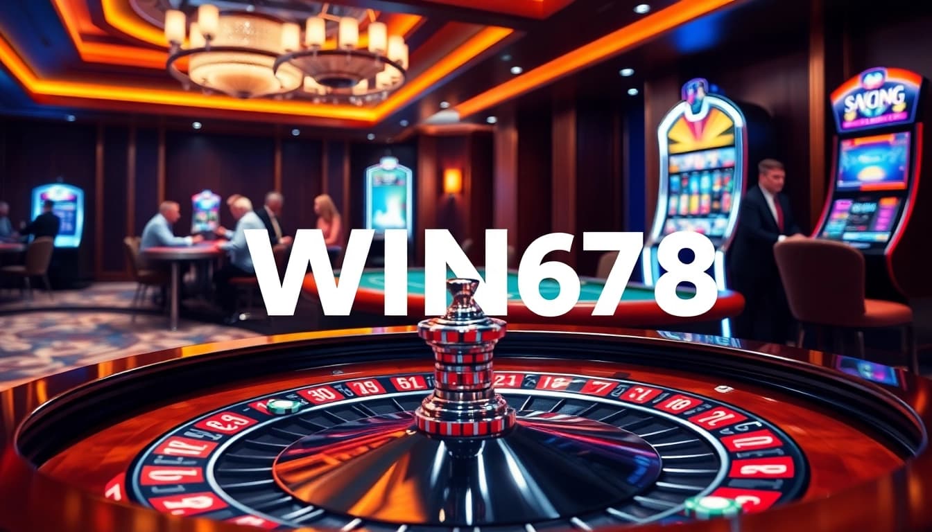 WIN678 logo showcased at a vibrant casino scene featuring roulette, blackjack, and lively players.