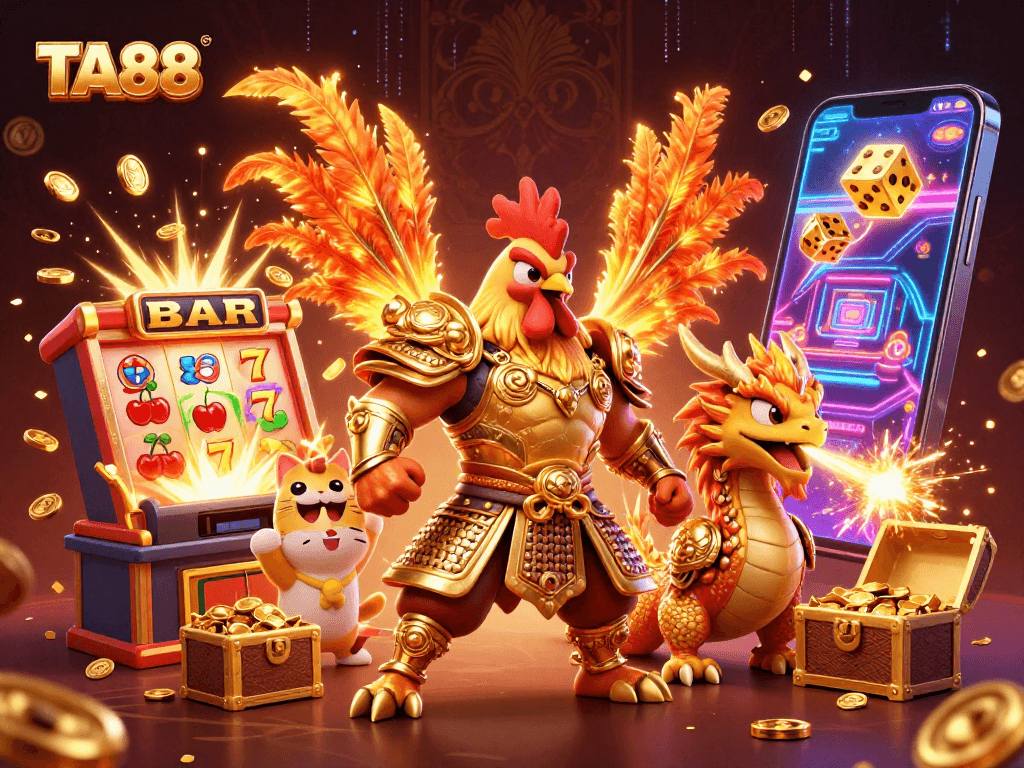 TA88 showcases a vibrant 3D illustration of a rooster warrior and dragon in a dynamic casino setting.