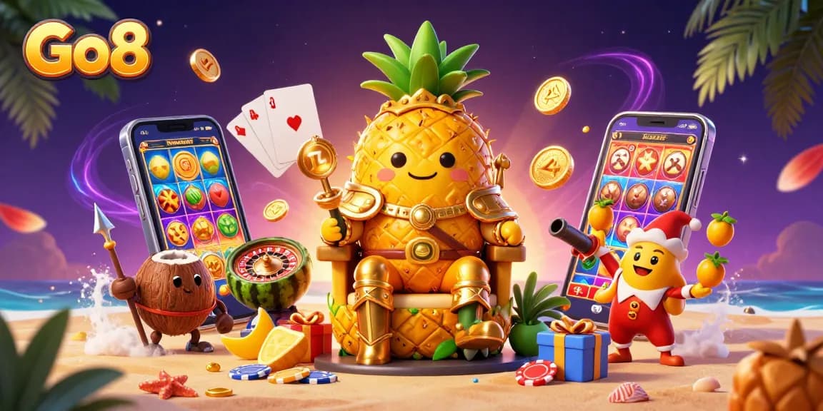 Players enjoy the vibrant Go8 online casino experience with a captivating scene of the golden pineapple king and game elements.