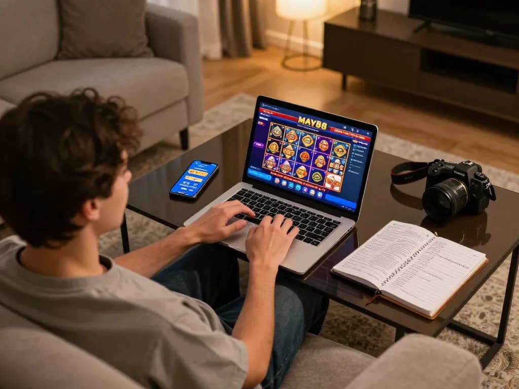 MAY88 user engaging with online slot games on a laptop, showcasing a vibrant gaming setup.
