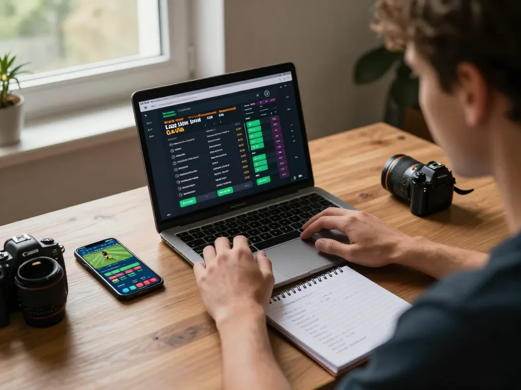 Engaged player analyzing odds and strategies for kp88 sports betting on a laptop in a cozy home office