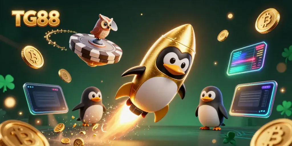 Experience thrilling gaming at TG88 with a rocket penguin and golden coins in an exciting casino scene.