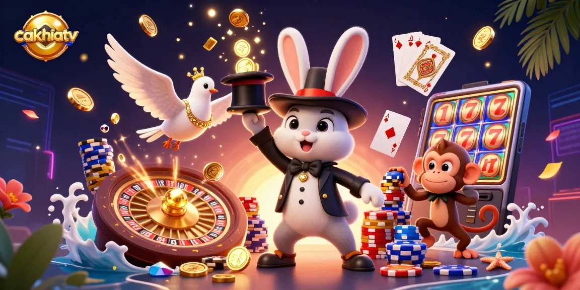 Cakhiatv showcases a 3D magical casino scene with a magician rabbit, dove, and monkey animatedly gambling.