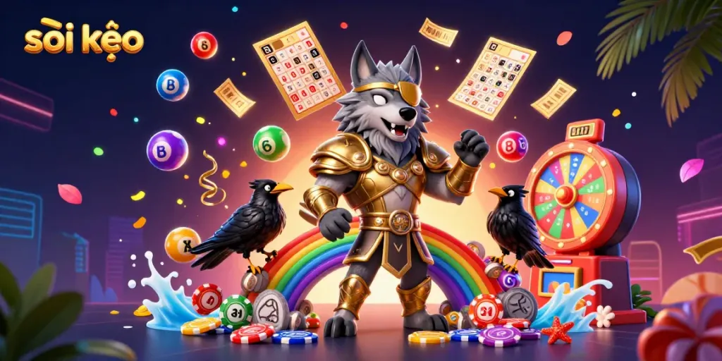 Engage in soi kèo sports betting with an energetic 3D illustration of Odin and ravens amidst casino symbols.