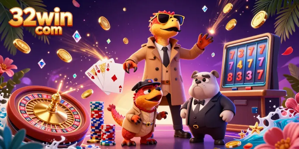 Experience the thrill at 32win com with cartoon raptors entering a VIP casino.