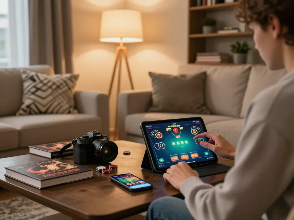 Person enjoying online poker gaming at home using https://www.mnm88.com/ on tablet in cozy living room setup.