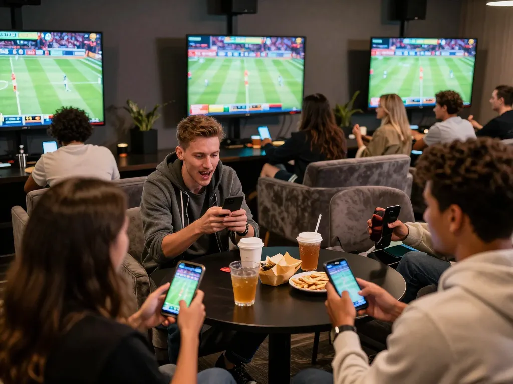 fun79 players enjoying the thrill of sports betting in a vibrant sports lounge