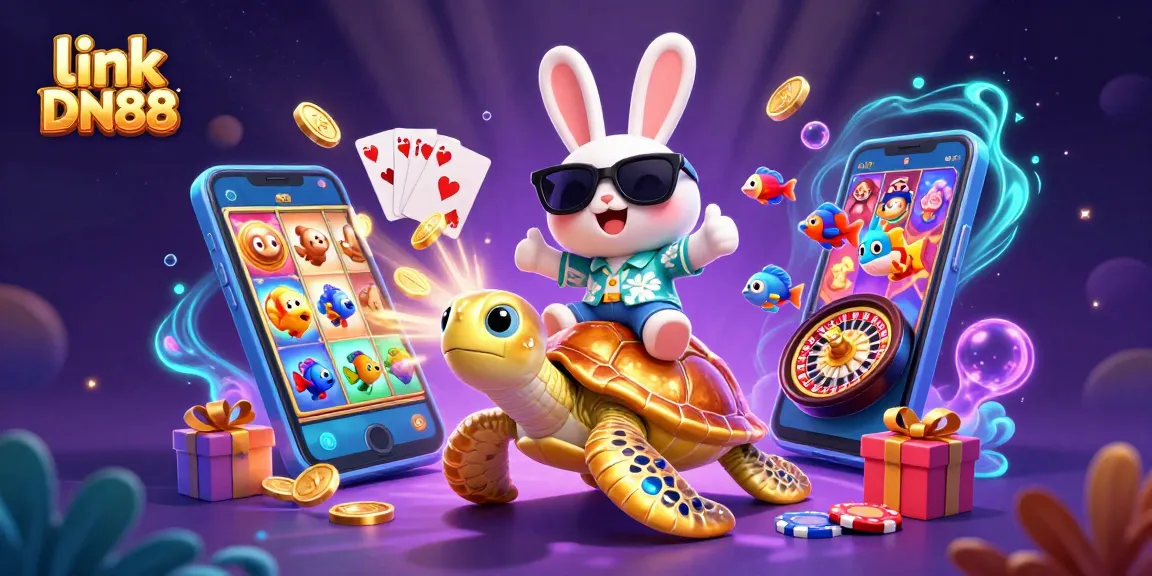 Experience fun gaming with link DN88 as a lucky rabbit rides a turtle amidst colorful casino elements.