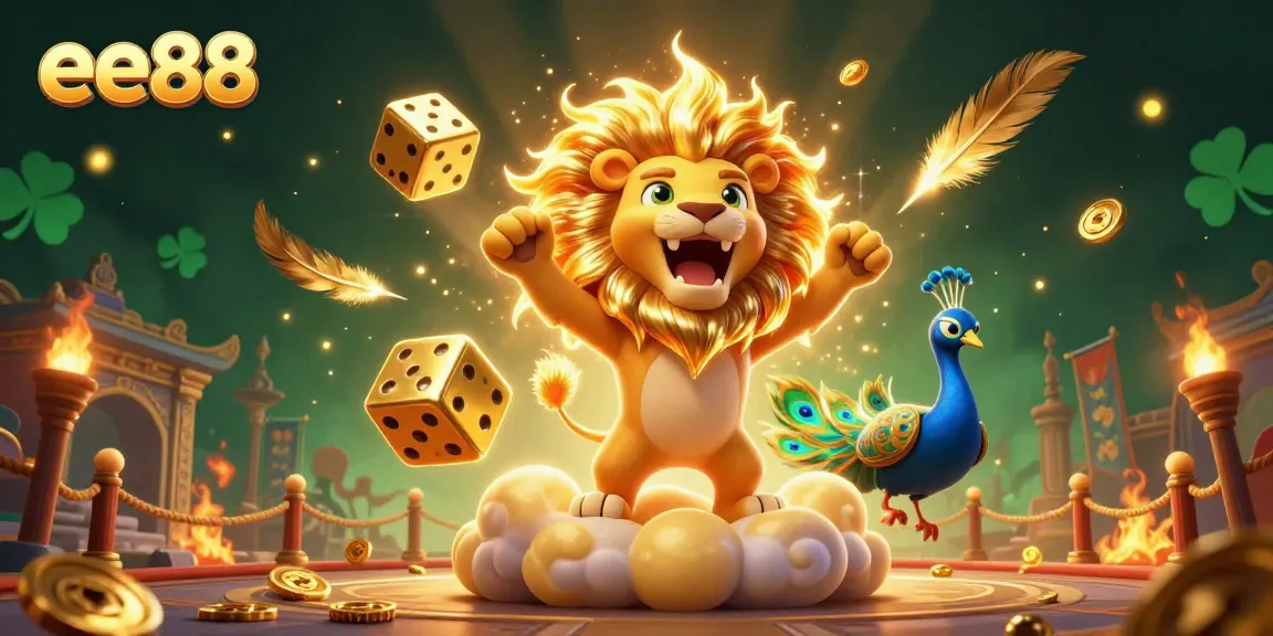 Win big at ee88 with a vibrant 3D casino-themed digital artwork showing animated characters and game elements.