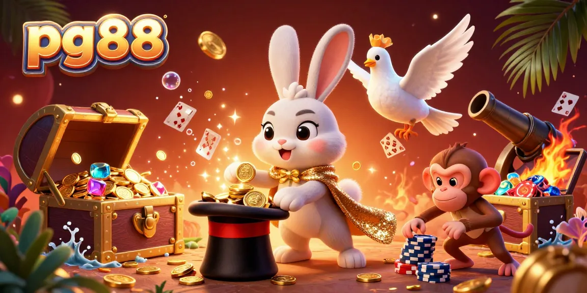 Join the excitement at pg88 with a magician rabbit, dove, and monkey in a festive casino scene