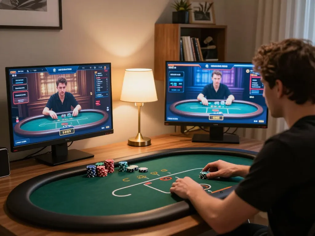 vin88 player strategizing in a focused online poker game environment with dual screens and ambient lighting